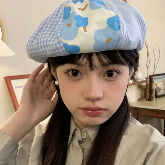 Japanese-style Blue Plaid Patchwork Beret