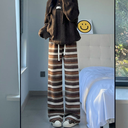 Retro Woolen Striped Casual Pants For FallWinter