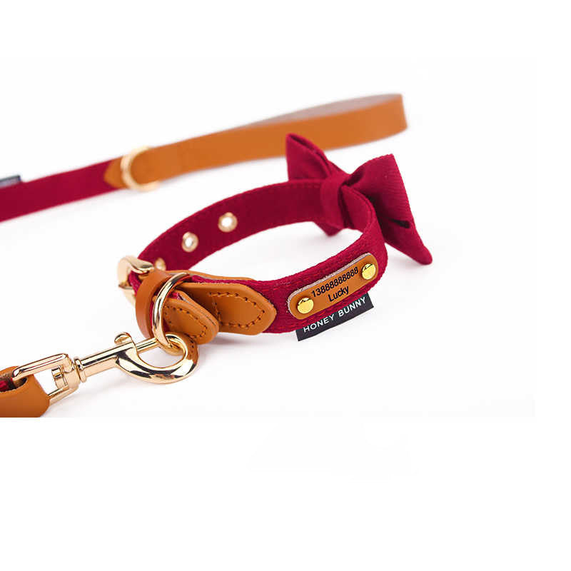 Dog Lettering Leather Bowknot Collar Hand Holding Rope