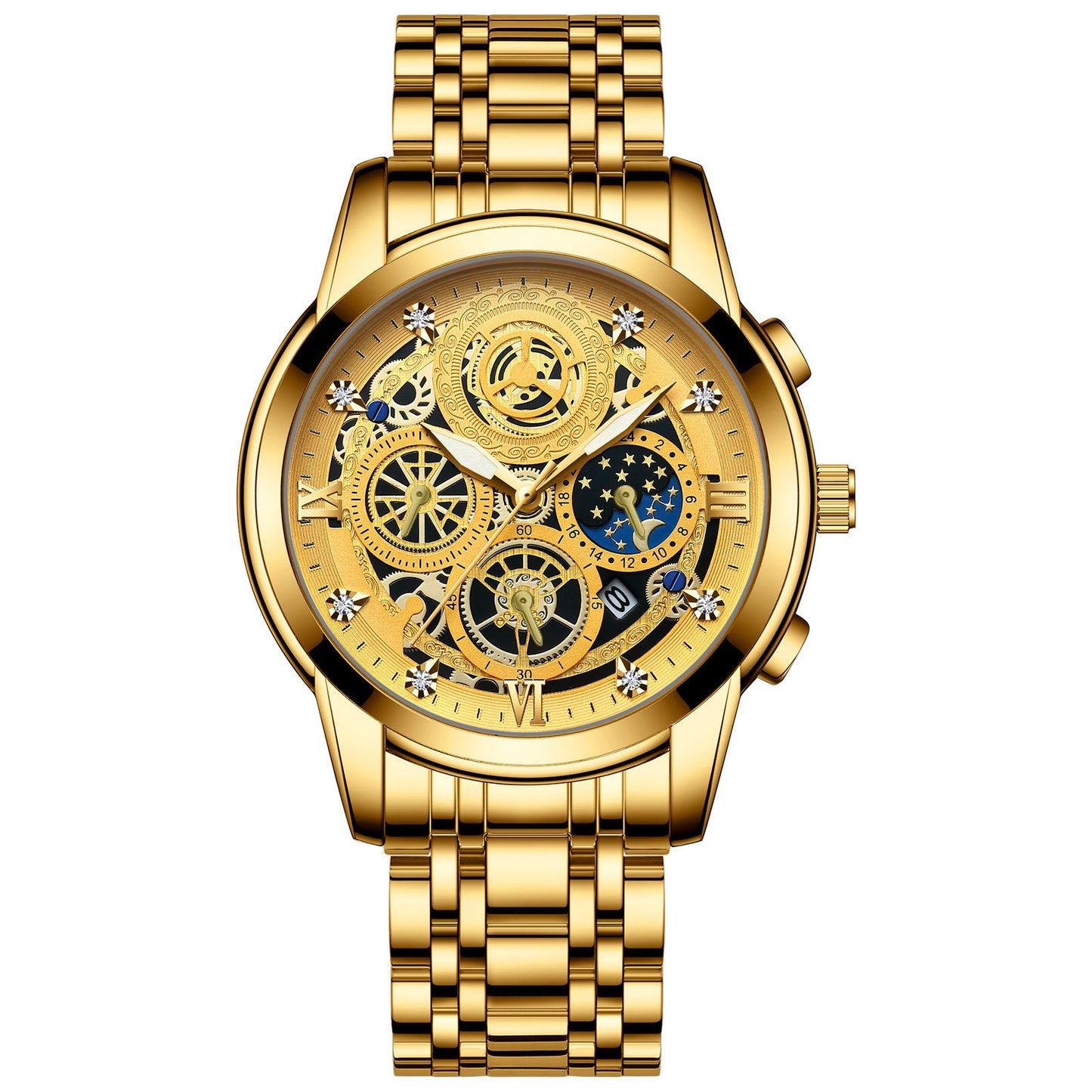 Men's Fashion Watch Hollow Flywheel Rhinestone Waterproof Sun Moon Stars