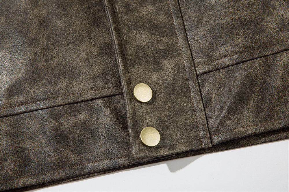 Contrast Color Texture PU Leather Coat Male