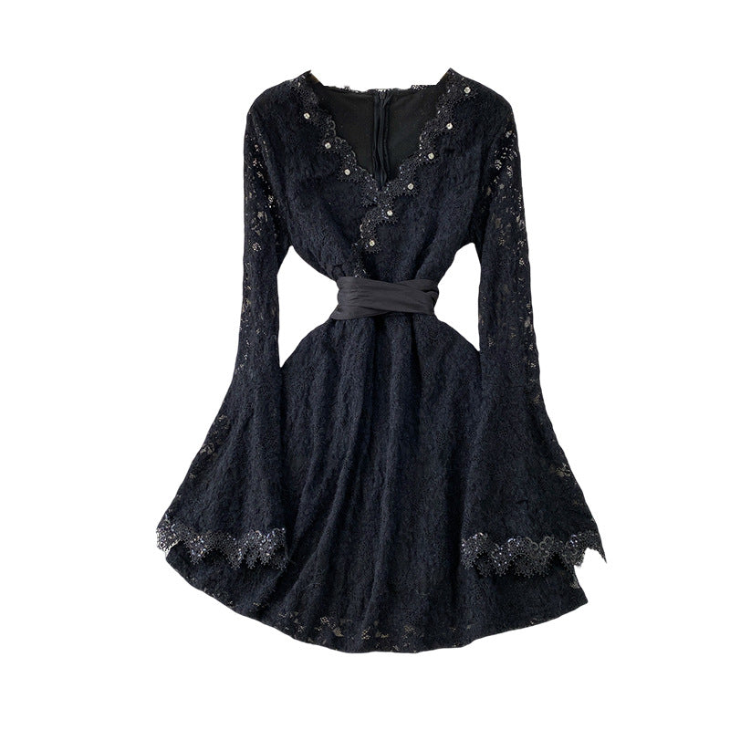 Flocked Lace V-Neck Dress With Diamond Embellishments