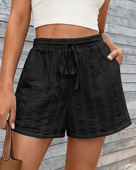 Solid Color Elastic Waist Drawstring Beach Shorts For Women