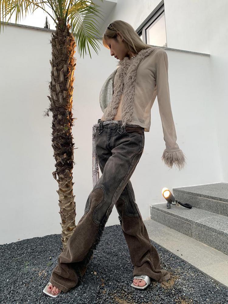 Women's Vintage Distressed Patchwork Tassel Denim Mini Slacks
