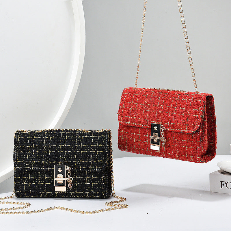 Woolen Twist Lock Shoulder Bag Versatile Women's Bag Gold Silk Contrast Color