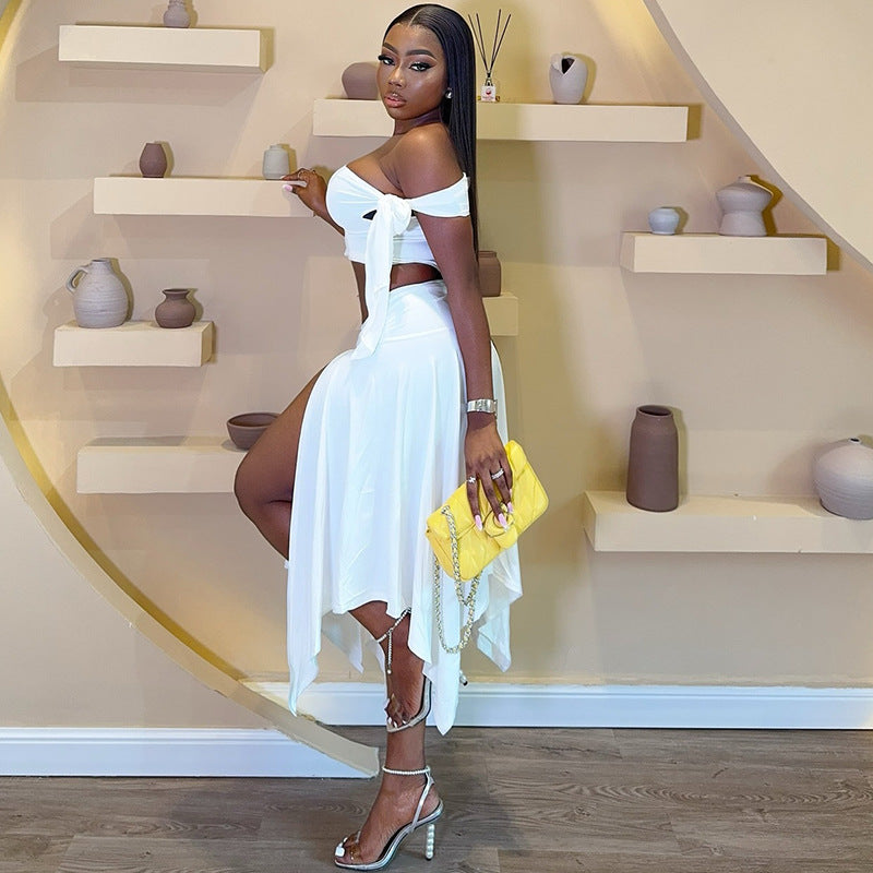Womens Dress Set Sleeveless One-Shoulder Top With Flutter Sleeves And A Slit Skirt