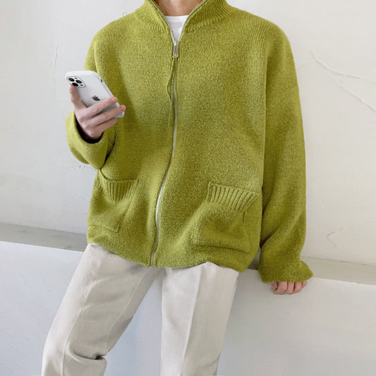 Retro cardigan sweater til mænd med lynlås og løs opretstående krave