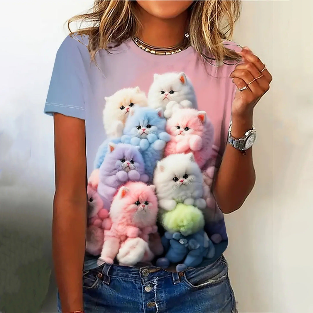 Digital-print Casual Short-sleeve Streetwear Womens Loose-fitting T-shirt