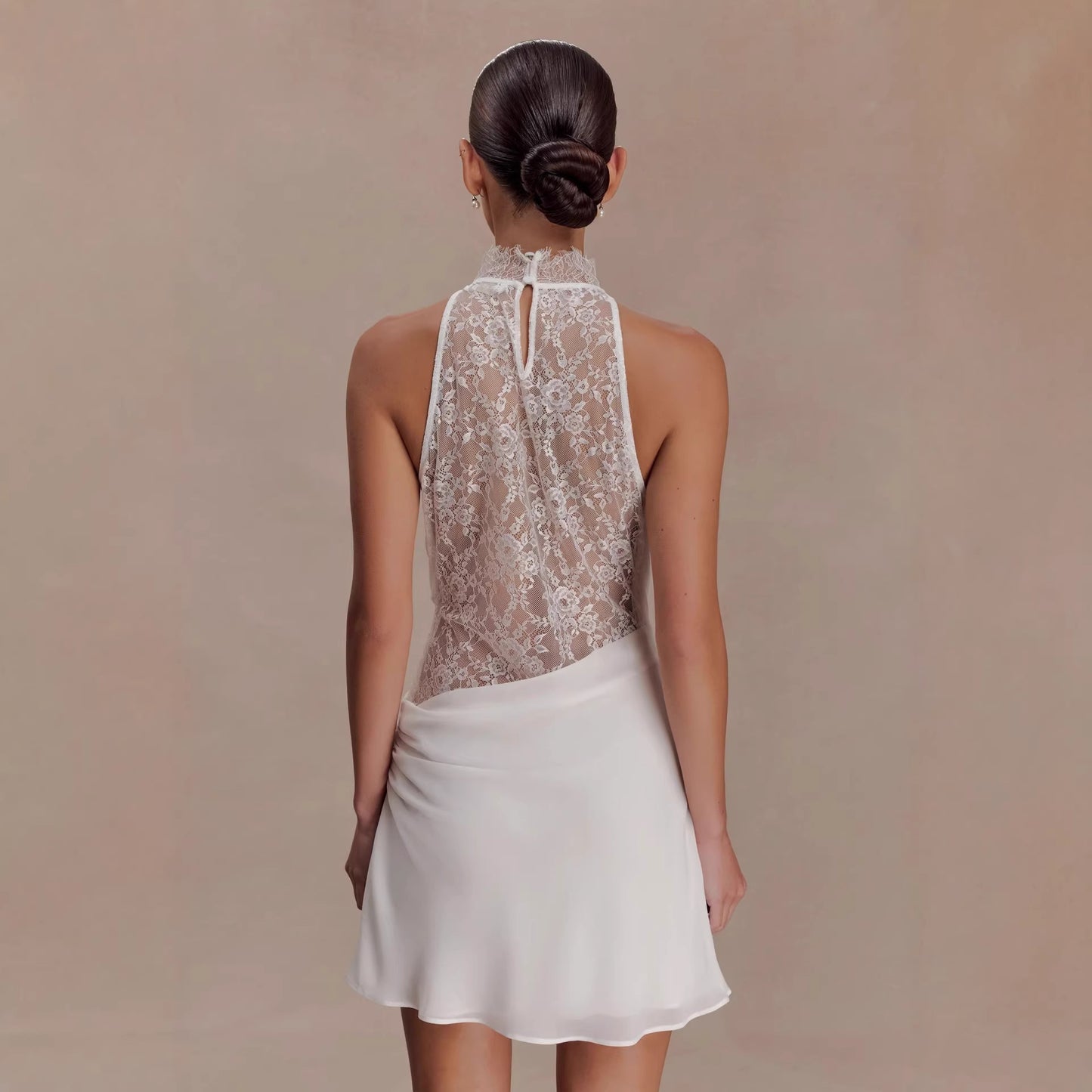 New Neck-hanging Lace-spliced Satin Dress Short Skirt