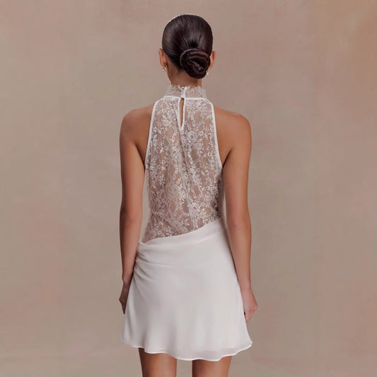 New Neck-hanging Lace-spliced Satin Dress Short Skirt