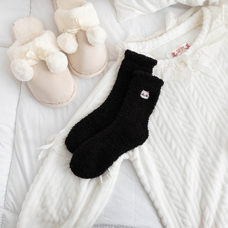 Half Velvet Socks Embroidered Squirrel Middle Tube Thick Warm Towel Socks