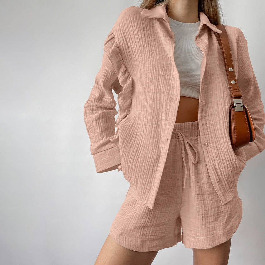 Womens Pure Cotton Pajama Set For FallWinter Long Sleeve Top And Shorts Two Piece Loungewear Set