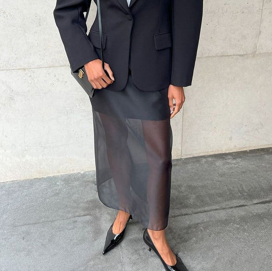 Black Mesh See-through High Waist Slit Sheath Skirt
