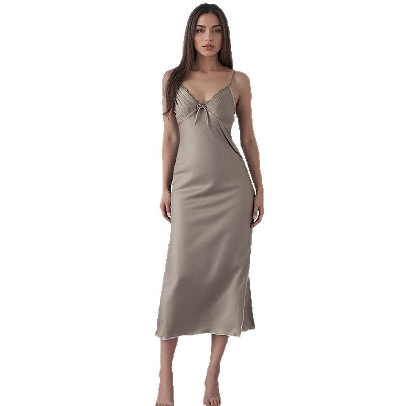 Ice Silk Sexy Slit Long Bow-Knot Loungewear Nightgown