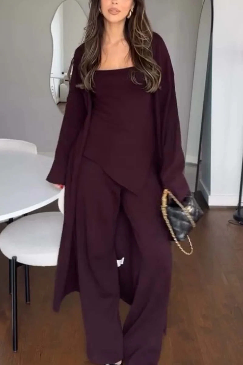 New Style Casual Solid Color Knitted Three-Piece Set Loose Long Coat And Wide-Leg Pants For Women