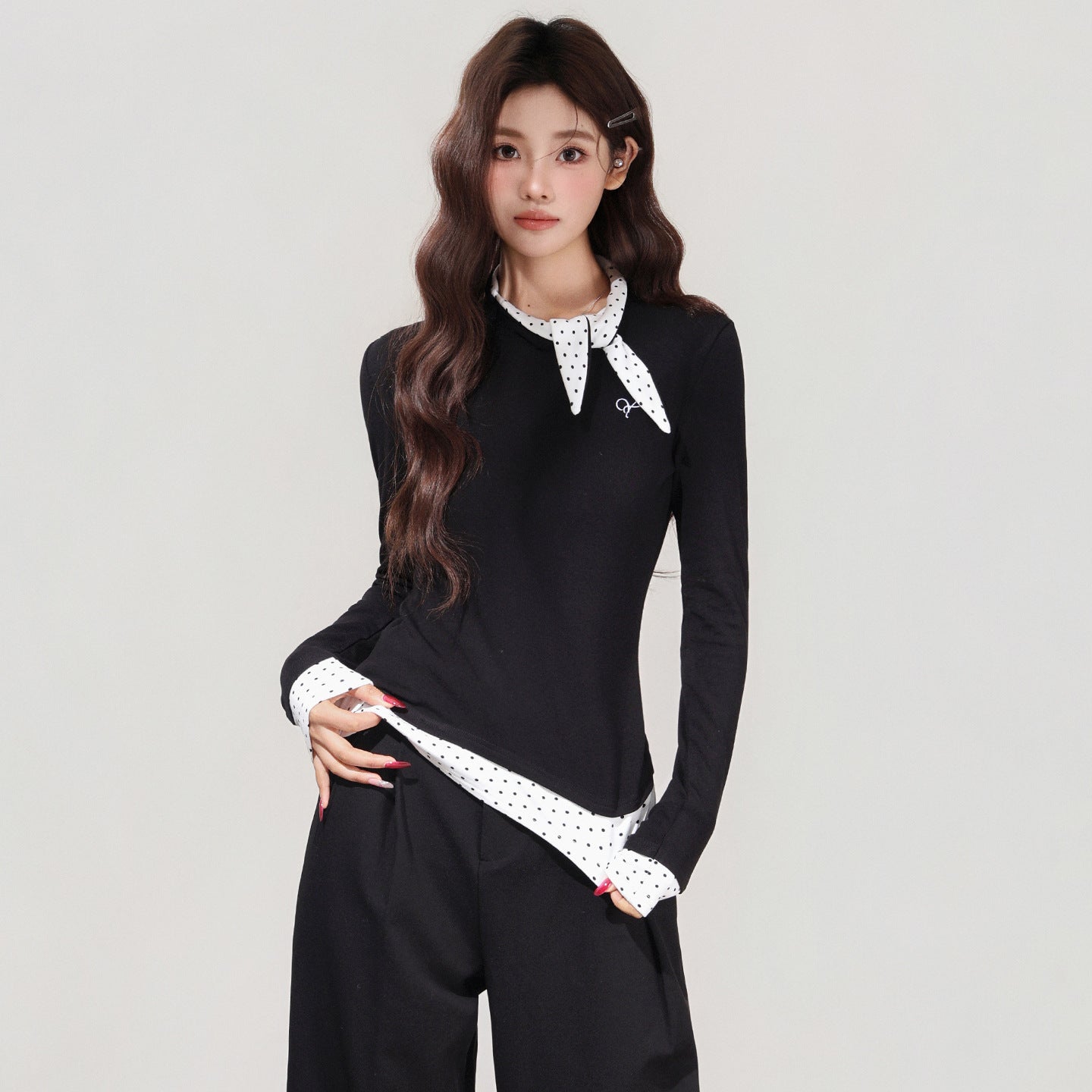 Women's Black Polka Dot Bow Fake Two-Piece Long Sleeve T-Shirt