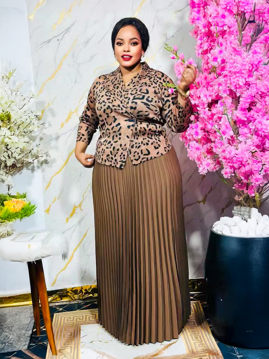 Plus Size Slightly Fat Women's Clothing Printed Long-sleeved Top Pleated Skirt