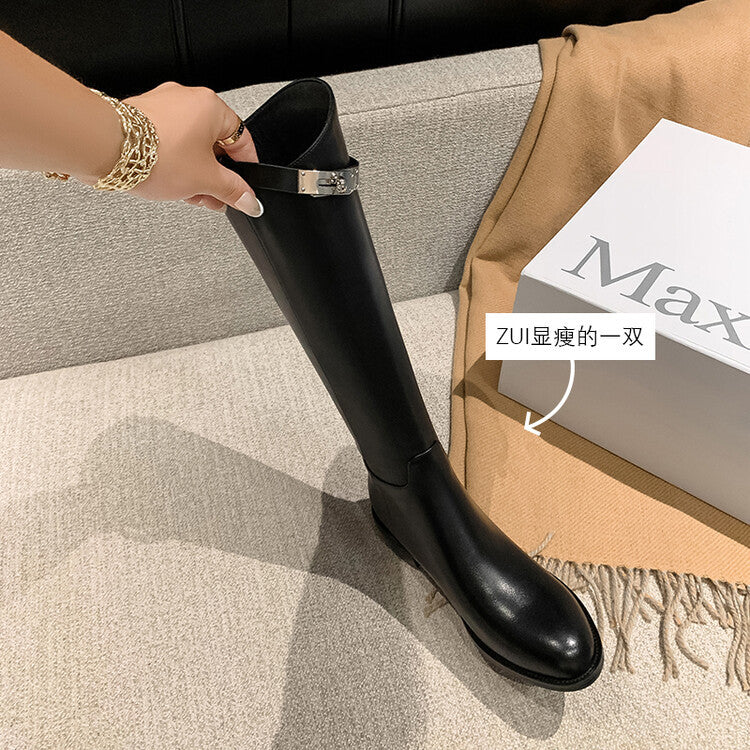 First Layer Cowhide Lock Knight Boots Big Tube Circumference Genuine Leather Below The Knee High Boots