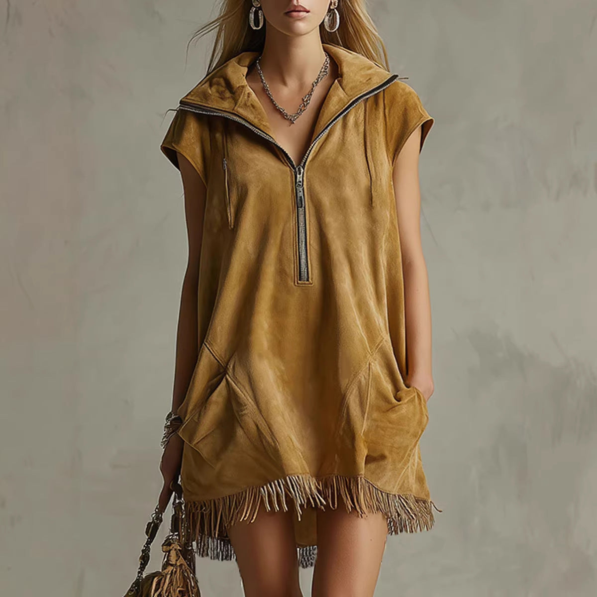 Casual Western-style Zippered Collar Tasseled Suede Dress