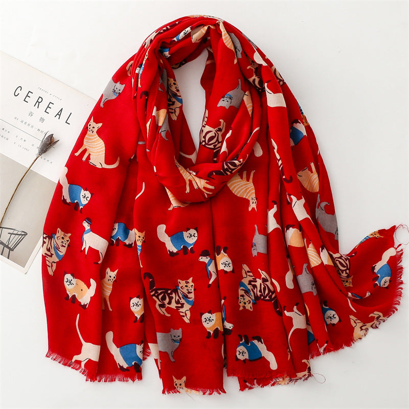 Cotton And Linen Hand Scarf Fashion Cat Cartoon Thermal Shawl