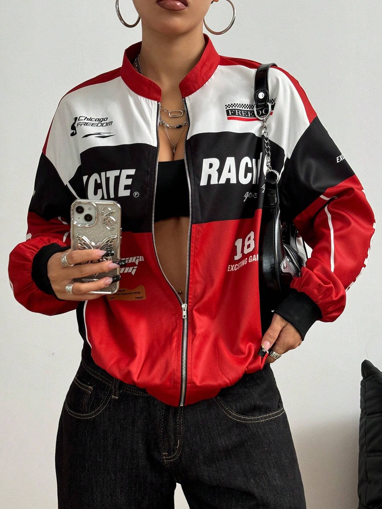 Fashionable Biker-style Long-sleeve Jacket With Letter Design And Zipper