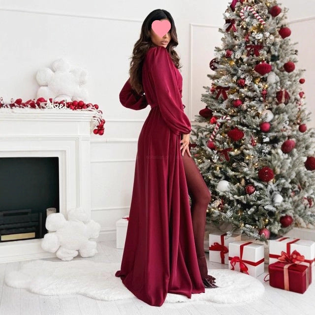 Solid-color Long-sleeve Tie-front Maxi Dress For Women