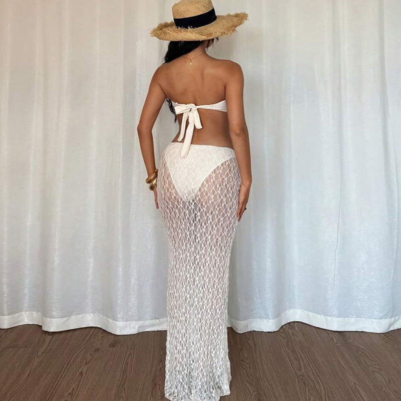 Womens Sexy Halter Top With Straps And Lace Long Skirt Two-Piece Set