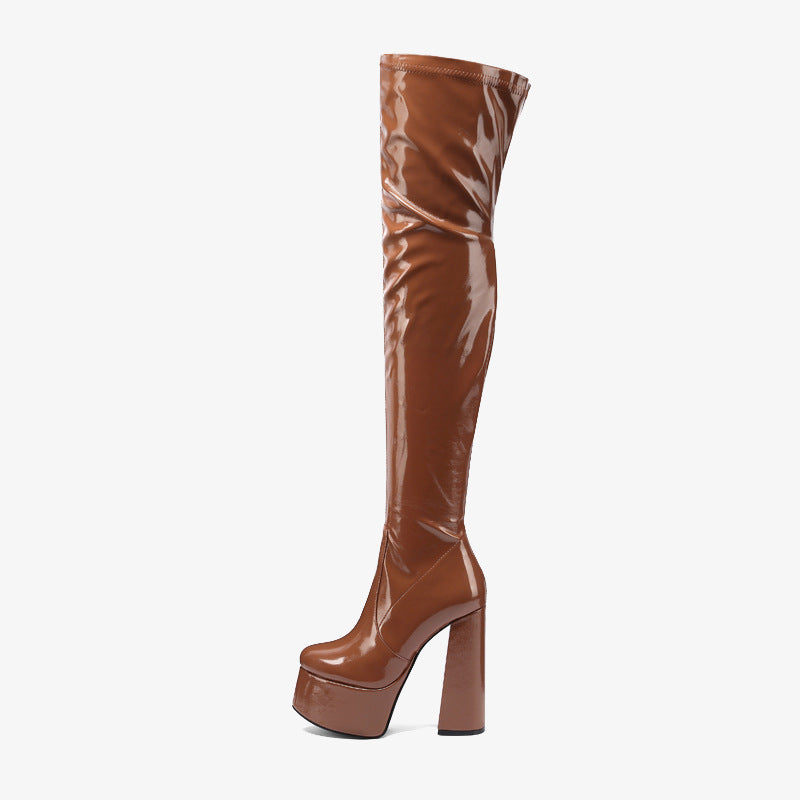 Womens Patent Leather Over-the-knee Booties With A Round Heel That Slim The Legs
