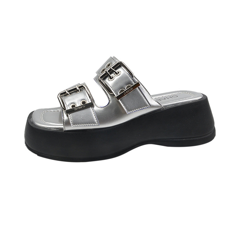 Flat Toe Ring Word Platform Slippers