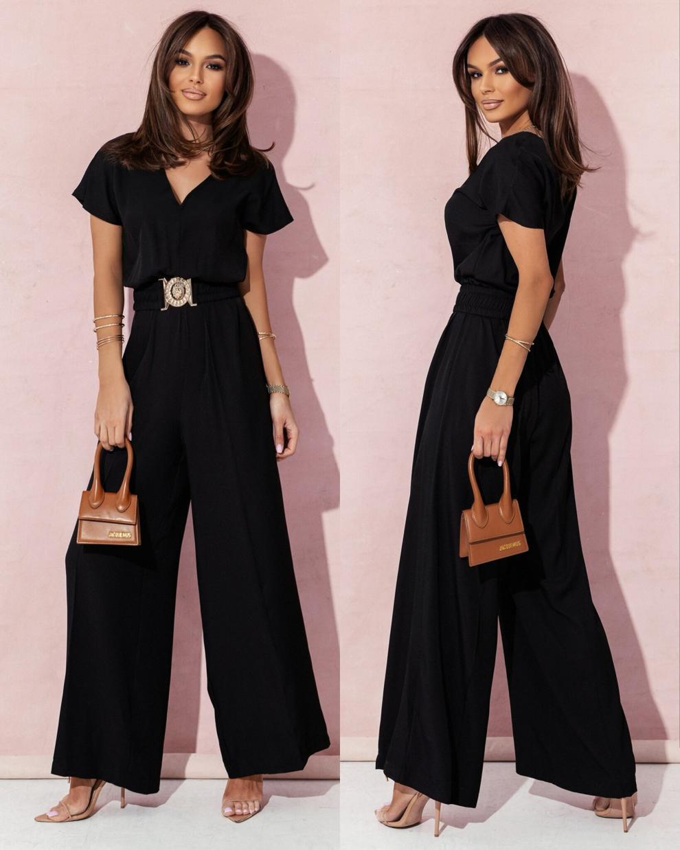 Solid Color And V-neck Waist Trimming Short-sleeved Casual Trousers Jumpsuit