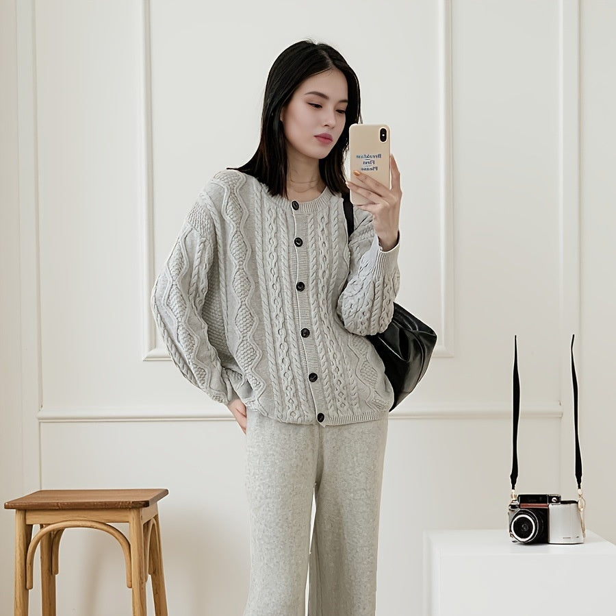 Gentle Knitted Trousers Suit Women's Sweater Cardigan High Waist Dress