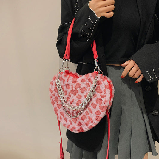 Leopard Print Love Women's Fashion Messenger Plush Chain Shoulder Bag
