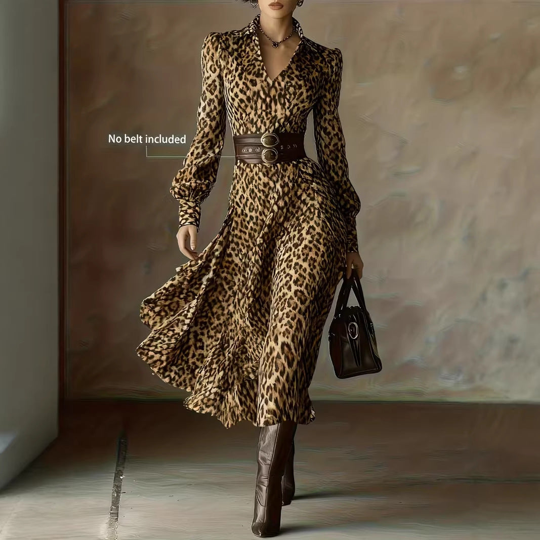 V-neck Printed Long-sleeve Tie-waist Dress