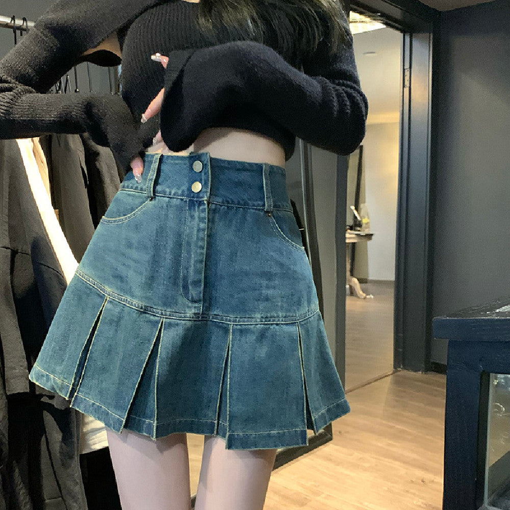 Denim Skirt Pear-shaped High Waist Slimming Sense Of Design Pleated A- Line Sheath Little Short Dress