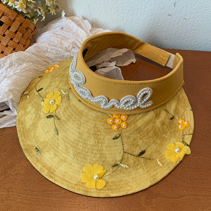 Lace Flower Pearl Visor Straw Hat Female Summer