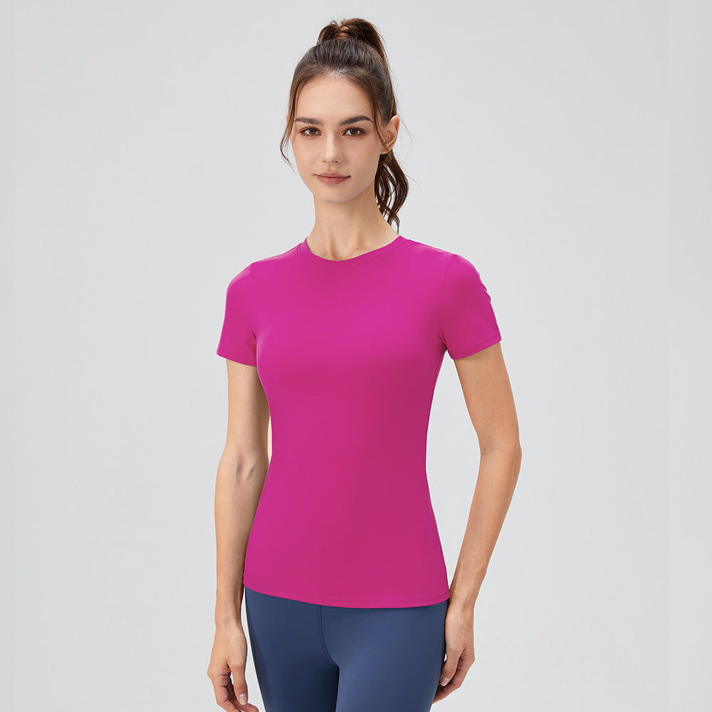 Ensfarvet Yoga Kortærmet Rundhalset Hurtigtørrende Løbe Trænings T-shirt Stram Trænings Yoga Tøj
