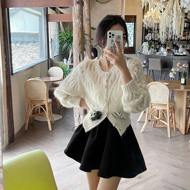 Hulstrikket Mohair Hvid Cardigan