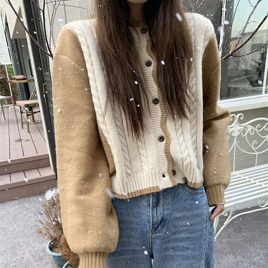 Contrast Color Knitted Cardigan Women's Sweater Coat