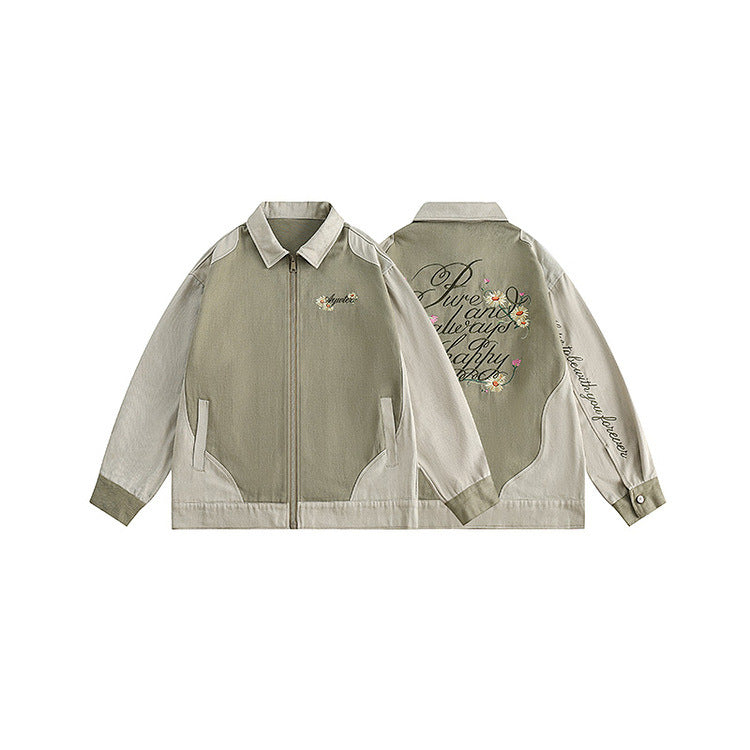 Embroidery Contrast Color Splicing Polo Collar Jacket