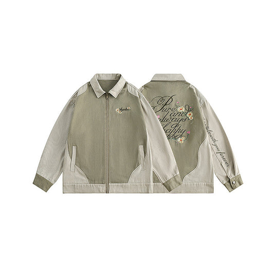 Embroidery Contrast Color Splicing Polo Collar Jacket