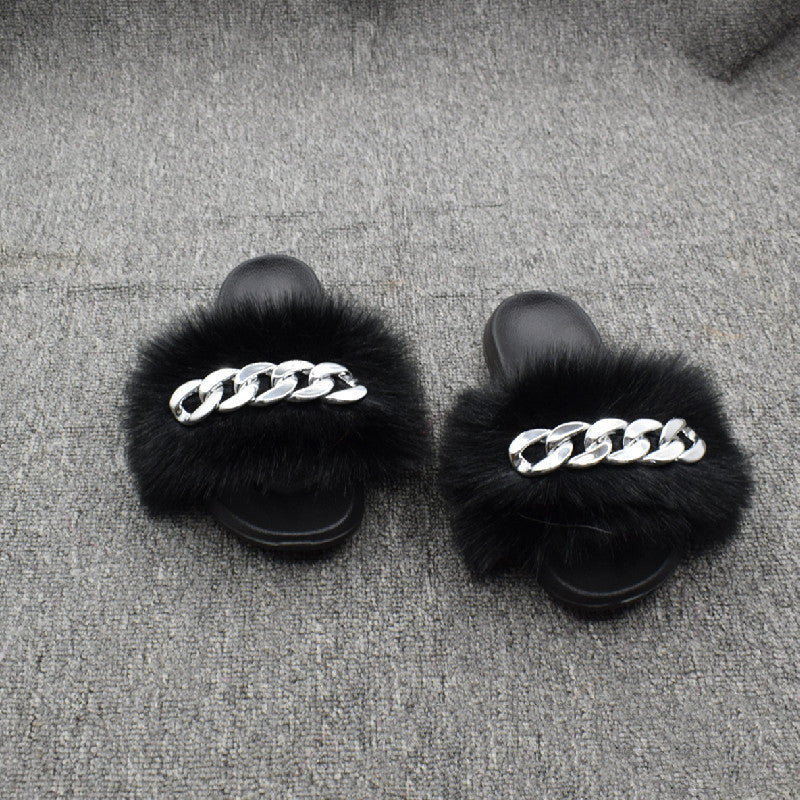 Fur Fur Slippers Chain Faux Fur Flip Flops