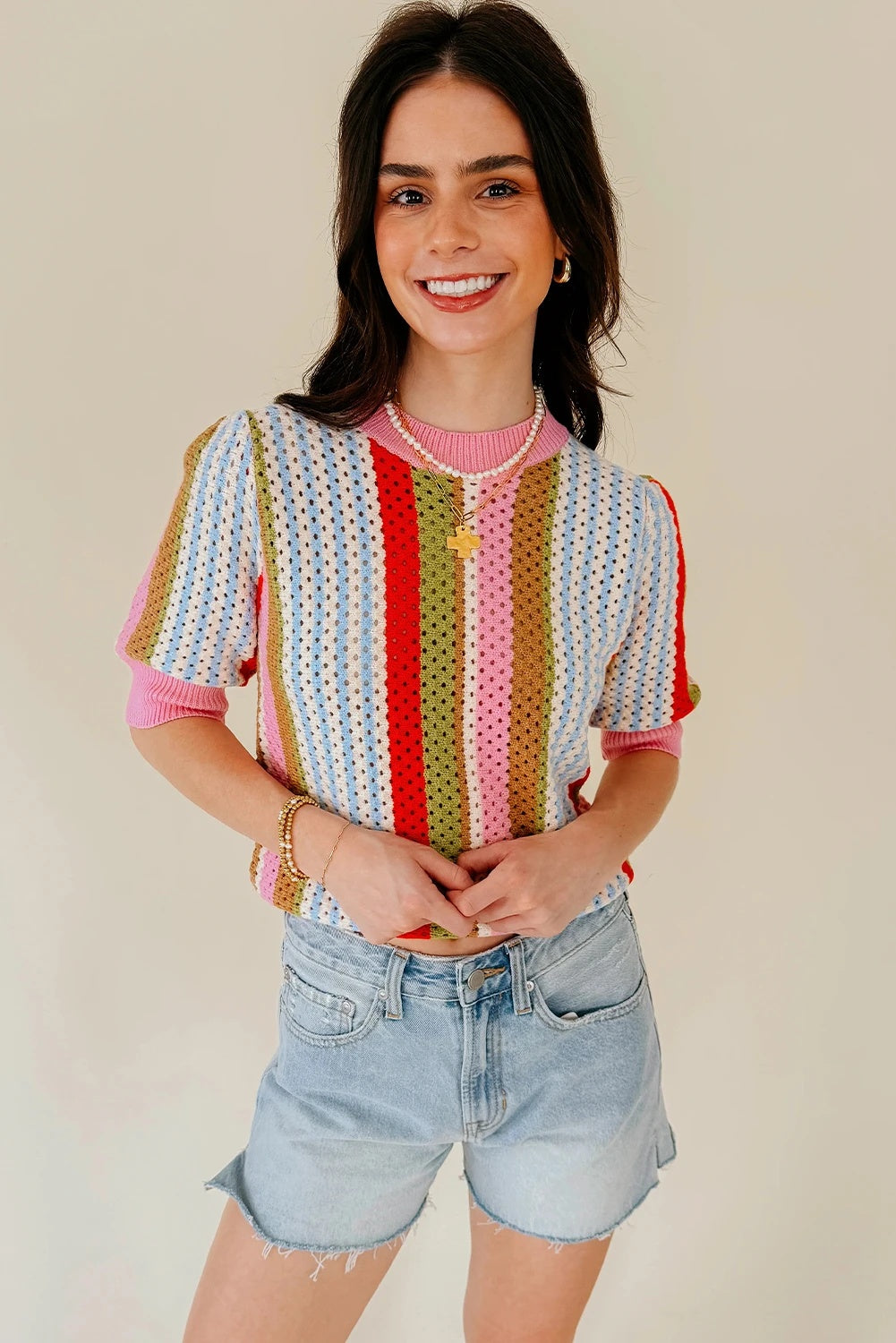 Multicolor Striped Hollow-out Knit Short Sleeve Sweater