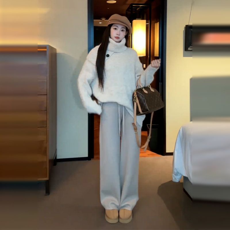 Premium Lazy Style High-neck Thick Sweater Women Loose Scarf Two-piece Set