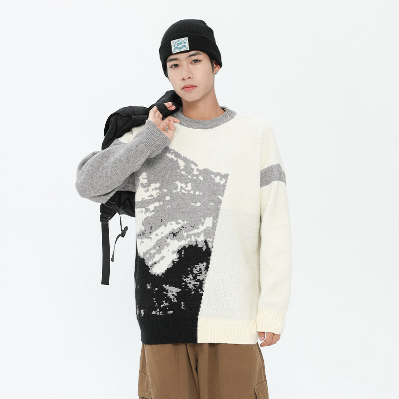 Men's Landscape Painting Color Matching Color Contrast Round Neck Sweater