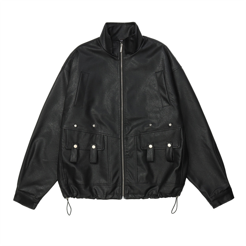 High Street Pu Pu Leather Jacket Fashion Casual Stand Collar