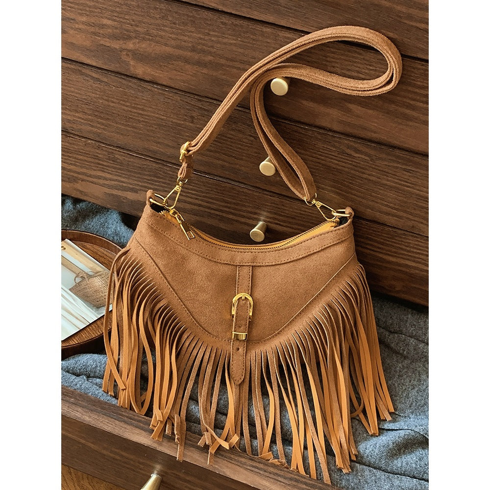 Maillard Brown Tassel Retro Versatile Crossbody Bag