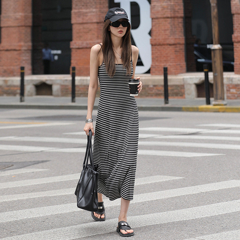 Versatile Slim-fit Striped Slip Dress For Women