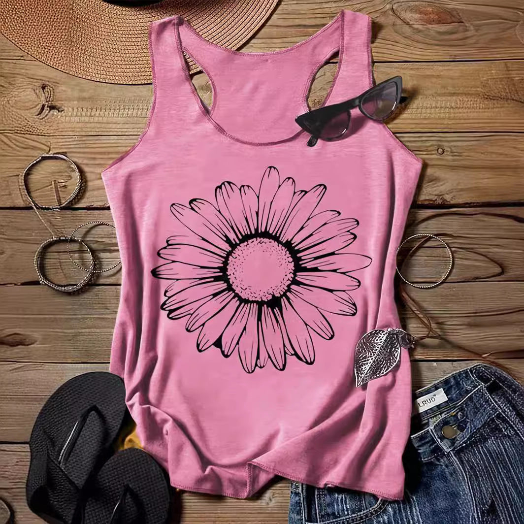 202 Casual Round Neck Narrow Edge Top Loose Sports Pattern Digital Printing Vest Women's Clothing