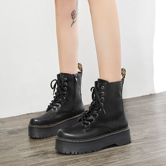 Women's Thick-heel Non-slip Single Boots With Round Toe Front Tie
