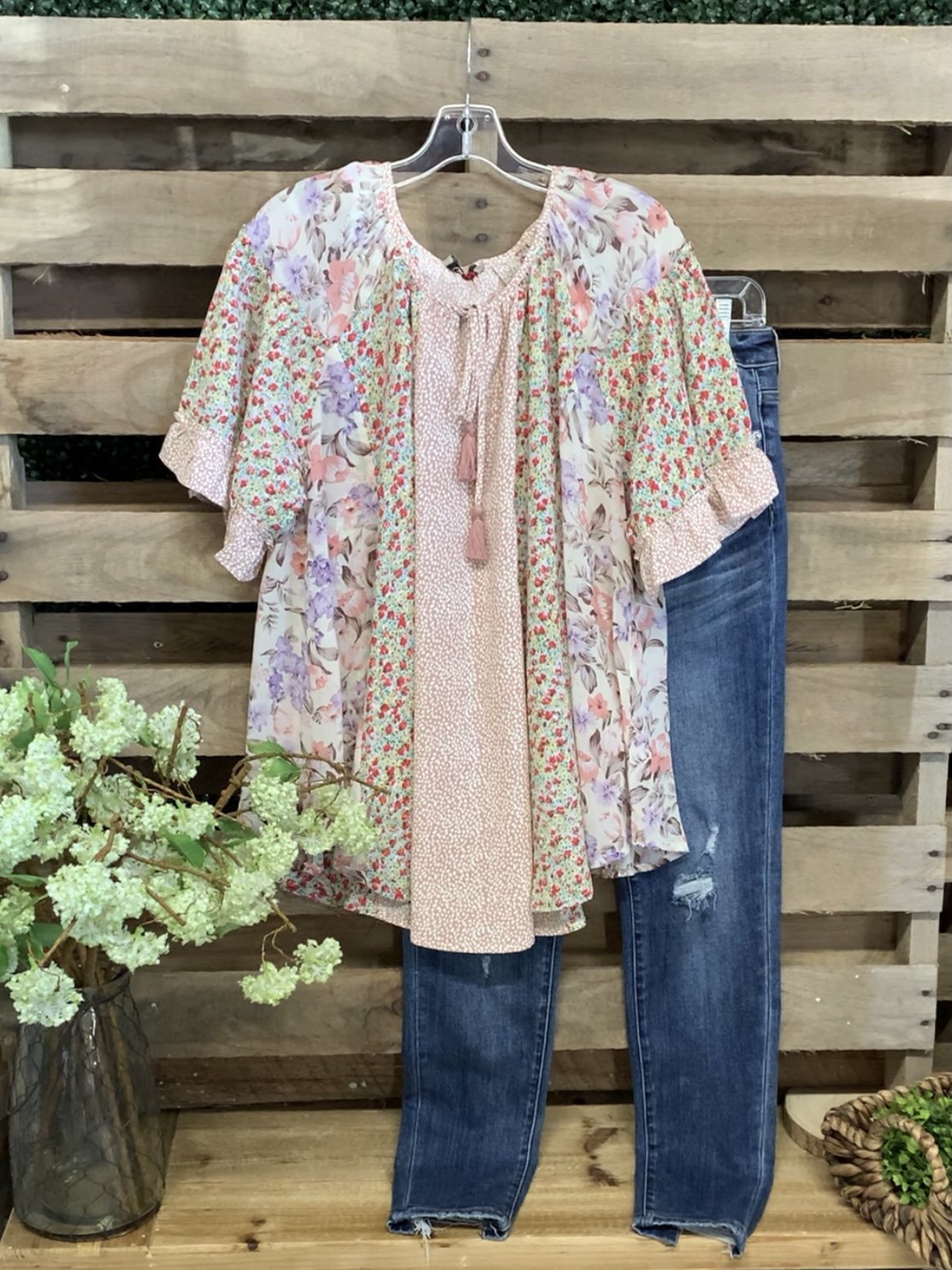 Ladies Summer Floral Panel Ruffle T-Shirt